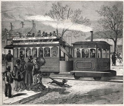 Pariisin uudet höyryraitiovaunut vuonna 1876 liikennöivät Saint - Germain - des - Prés -linjalla Chatillonin ovella, kaiverrus Bianchetti-kokoelma. tekijältä Unknown artist