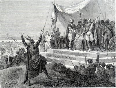 Kahden veljen vala ennen haarniskaa: Kaarle II Kalju ja Ludvig II Germaaninen vannovat Valan Lothaire I:tä vastaan (Strasbourgin valat 842). Kaiverrus 1800-luvulta. tekijältä Unknown artist