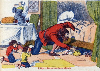 Ogre löytää lapset. Kuvitus "" Le Pepetit poucet" -kirjaan, ranskalaisen kirjailijan Charles Perrault