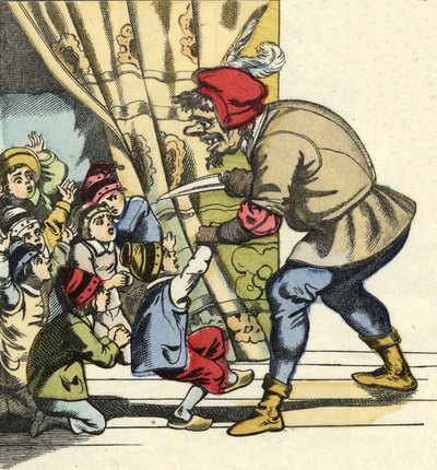 Ogre ottaa lapsen aikeensa niellä hänet. Kuvitus Charles Perraultin tarinasta "" Le Pepetit Poucet". tekijältä Unknown artist