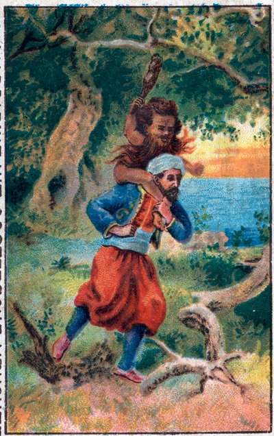 Meren vanha mies. Merimies Sinbad (Sindbad) upeat seikkailut. Suosittu tarina 1001 yöstä (tuhat ja yksi yö). 1800-luvun lopun kromolitografia. tekijältä Unknown artist