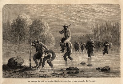 Gue, Siriniris-intiaanit, ehdottavat spontaanisti kantavansa retkikunnan jäseniä saadakseen heidät ylittämään Basiri-vuoren (Peru) juurelle muodostuneet lammet. Kaiverrus kaataa illustrrer le voyage dans les vall tekijältä Unknown artist