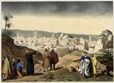 Peleriinit saapuvat Jerusalemin kaupunkiin. Nimetön kaiverrus 1800-luvun puolivälistä - "" Suuressa perheiden katekismuksessa"". tekijältä Unknown artist
