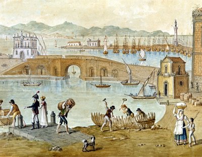 Napolin satama ja Santa Lucia noin 1800: matkustajat valmistautuvat lähtöön ja puusepät rakentavat venettä. Vesiväri. tekijältä Unknown artist