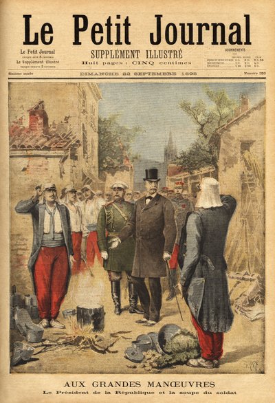 Tasavallan presidentti Felix Faure (1841-1899) vierailee joukkojen luona Langresissa kaikille vierailijoille suunnattujen suurten manöövereiden ja perinteen aikana, hän maistaa sotilaan keittoa. Kaiverrus "" Le petit Journal" -lehdessä 22/09/1895. Selvan k tekijältä Unknown artist