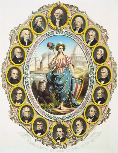 Yhdysvaltain presidentit, joiden keskellä on Amerikan symboli. Ylös, Washington ja alas Abraham Lincoln. Juliste julkaistiin Lincolnin presidenttikauden avajaisissa vuonna 1861. Kaiverrus 1861. tekijältä Unknown artist