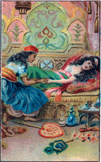 Prinsessa-faktoja. Tarina "" Tarina lumotusta hevosesta"" "Tuhat ja yksi yö" (1001 yötä tai Le mille e una notte, Arabian Nights). 1800-luvun lopun kromolitografia. tekijältä Unknown artist
