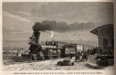Rautateillä on Omahan asema (Nebraska), Tyynellemerelle johtavien linjojen lähtöpiste. M. L. Simoninin kaiverruskuva le voyage au far west americain, vuonna 1867, julkaistu "Le tour du monde, nouveau journal des voyages" -lehdessä, toimitettu tekijältä Unknown artist