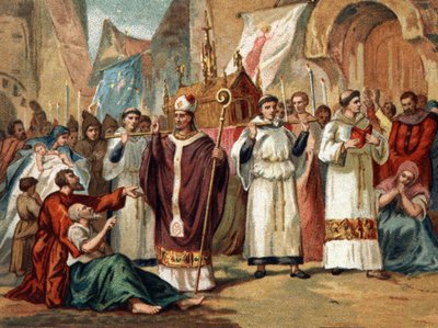 Pariisin suojeluspyhimyksen Sainte Genevieven (422-502) pyhäinjäännökset kuljetetaan Pariisin katujen toiselle puolelle. Kromolitografia noin 1890. tekijältä Unknown artist