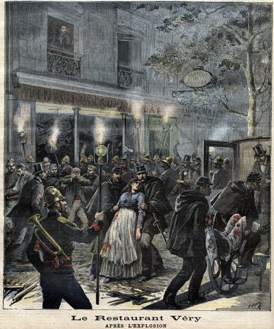 Ravintola Very (24 Boulevard Magenta Pariisissa) anarkisti Francois Koenigstein dit Ravacholin (1859 - 1892) hyökkäyksen aiheuttaman räjähdyksen jälkeen 30. maaliskuuta 1892. "" The Petity Journal -lehdessä" tekijältä Unknown artist