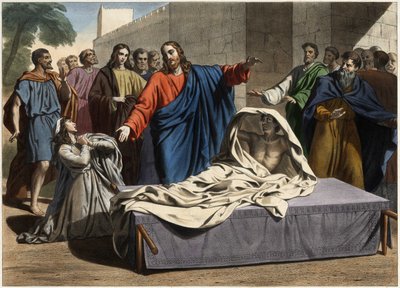 Naimin lesken pojan ylösnousemus: Jeesus Kristus herättää lesken ainoan pojan. Kaiverrus 1800-luvun puolivälistä. tekijältä Unknown artist