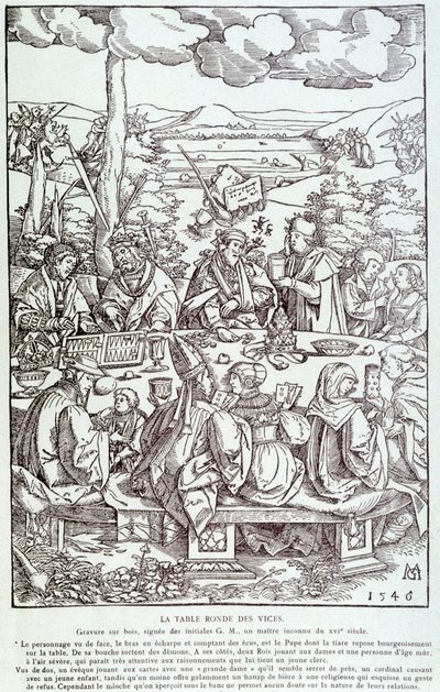 Paheiden pyöreä pöytä: leikki, ahneus, himo, ylpeys... - Kaiverrus 1546 tekijältä Unknown artist