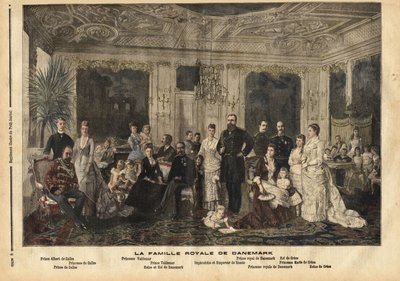 Keskellä istuva Tanskan kuninkaallinen perhe, Hessen-Kasselin kuningatar Louise (1817-1898) ja Tanskan kuningas Christian IX (1818-1906) sai lempinimen "Euroopan komea isä", koska hän meni naimisiin useiden lastensa kanssa perillisten kanssa. suuresta kuni tekijältä Unknown artist
