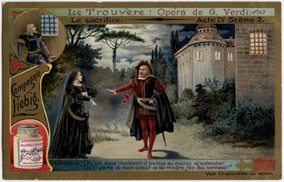 Uhrinäytös IV kohtaus 2. Kuvitus Giuseppe Verdin (1813-1901) oopperaan "" Löytö"" (Il trovatore). Kromolitografia (Chromo) Liebig 1800-luvun lopulta. tekijältä Unknown artist