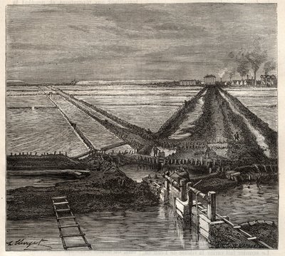 Giraudin suolaso ​​Camarguessa (Bouches-du-Rhone), näkymä palvelukanavasta - Louis Figuierin kaiverrus Les Merveilles de l