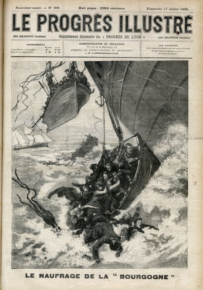 Transatlantic-aluksen haaksirikko "Burgundia" -kaiverrus kirjassa "The illustrious progress" heinäkuussa 1898. tekijältä Unknown artist