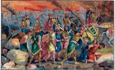 Jerusalemin kaupungin piiritys Babylonin kuninkaan Nebukadnessar II:n (jae 630 eKr.-562 eKr.) toimesta vuonna 586 eKr. sekä Jerusalemin kaupungin ja temppelin tuhoaminen. 1800-luvun lopun kromolitografia. tekijältä Unknown artist