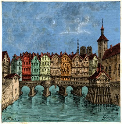 Pieni silta, joka oli myöhemmin Pont au Change Pariisissa keskiajalla, kaiverrus 1800-luvulta tekijältä Unknown artist