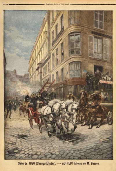 Höyrypumppu ja palomiesten ajoneuvot Pariisissa, herra Bussonin maalauksen mukaan. Kaiverrus "" Le petit Journal" -lehdessä 3.5.1896. Selvan kokoelma. tekijältä Unknown artist