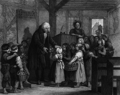 Luokan oppilaat kokoontuvat lahjoittamaan kukkia koulun opettajalleen tämän syntymäpäivänä. Kaiverrus 1800-luvulta tekijältä Unknown artist