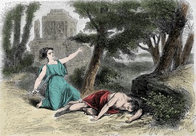 Pyramuksen (Piramen) itsemurha murijan alla ja Thisben kuolema. Pyramus oli vakuuttunut siitä, että leijona oli syönyt Thisben, ja antoi itsensä kuolemaan ja peitti verellään valkoiset tapat. Thisbe, joka piiloutuu paetakseen leijonaa, löytää rakkautensa k tekijältä Unknown artist