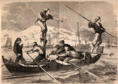 Miekkakalan harppuunakalastus (pesce spada, miekkakala) Sisilian rannikolla Italiassa vuonna 1862. Kaiverrus "Le Monde illustrious"" vuodelta 1862. Yksityinen kokoelma. tekijältä Unknown artist