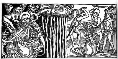 Pyhän Antonius Suuren (tai Pyhän Antonius Erakon tai Pyhän Anthony Abbe) kiusaukset ja oikealla hänen marttyyrikuolemansa. Kaiverrus "Leben der Heiligen - sommerteil" (pyhimysten kirja), jonka on kirjoittanut Jacobus (James) Voragine (1228-1298). L tekijältä Unknown artist