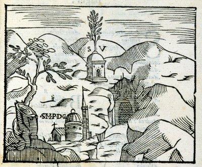 Vergilius (70 eKr. - 19 eKr.) hauta Pozzuolissa (Pozzuoli). Ksylografia 1600-luvun turistioppaan mukaan. tekijältä Unknown artist