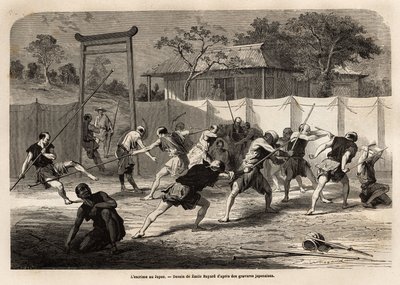 Japanilaisten soturien koulutus miekka- ja keihästaistelussa eräänlaisella areenalla, jota ympäröi venytetty kangas. Kaiverrus havainnollistamaan matkaa Japaniin vuosina 1863-1864, Sveitsin valaliiton ministeri Aime Humbert, "" Le tour du monde, nouveau tekijältä Unknown artist