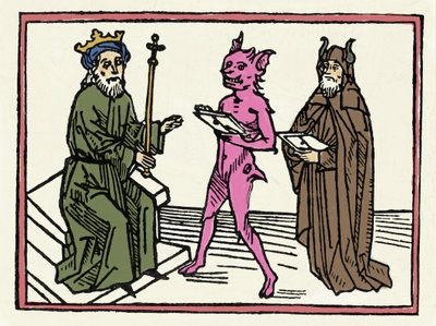 Belialin oikeudenkäynti: "Demon Belial luovuttaa valtakirjansa tuomari Solomonille" Jacobus de Teramon (tai Palladino), Ausburgin kaiverrus "Belialin oikeudenkäynnistä" tekijältä Unknown artist