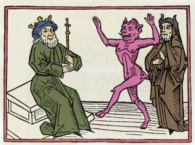 Belialin oikeudenkäynti: "" Demoni Belial tanssii tuomari Solomonin edessä""" Kaiverrus Jacobus de Teramon (tai Palladinon), Ausburgin "Belialin oikeudenkäynnistä" tekijältä Unknown artist