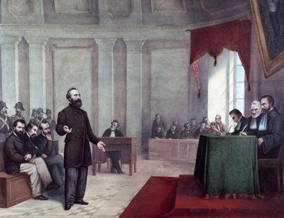 Oikeudenkäynti Felice Orsinia (1819 - 1858) vastaan, joka syyllistyi 14. tammikuuta 1858 Napoleon III:n hyökkäykseen. Litografia 1800-luvun lopulta. Milanon yksityinen kokoelma ©Luisa Ricciarini/Leemage tekijältä Unknown artist