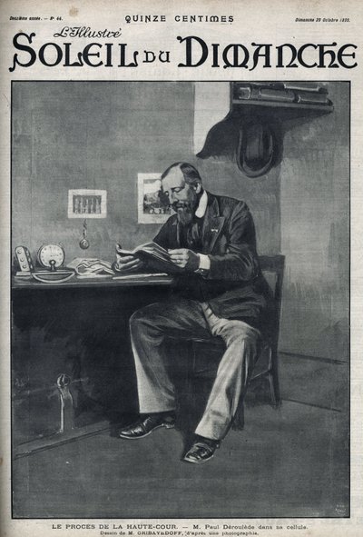 Korkeimman oikeuden oikeudenkäynti: Paul Deroulede (1846-1914), ranskalainen kirjailija ja nationalistinen aktivisti, joka on tärkeä antidreyfusismin toimija, sellissään vallankaappausyrityksen jälkeen 23. helmikuuta. Kaiverrus kirjassa "" Le sun-du-dimanc tekijältä Unknown artist