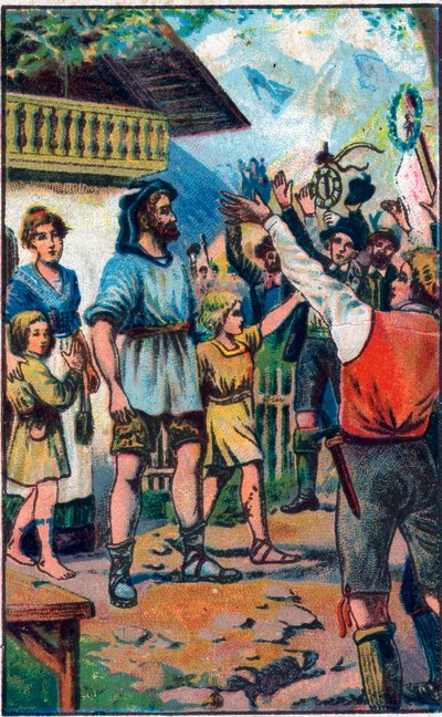 Confederen kunnianosoitus Guillaume Tellille (William Tell) (legendaariset Sveitsin itsenäisyyden sankarit) 1800-luvun lopun kromolitografia. tekijältä Unknown artist