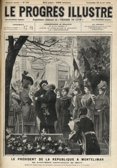 Tasavallan presidentin matka Montelimariin (Drome, Ranska): Emile Loubet (1838-1929) ja hänen äitinsä. Kaiverrus huhtikuussa 1899 ilmestyneeseen kirjaan "The illustrious progress". tekijältä Unknown artist