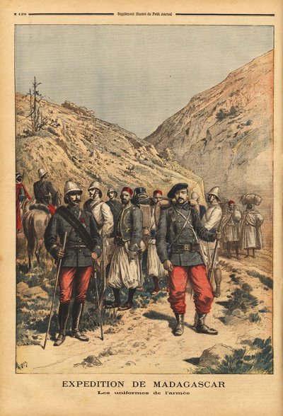 Armeijan univormut, kampanjaasu retkikuntaan Madagaskarilta. Kaiverrus "" Le petit Journal" -lehdessä 21.04.1895. Selvan kokoelma. tekijältä Unknown artist