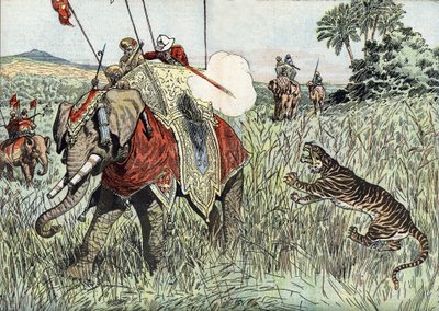 Walesin prinssin (silloisen Edvard VIII:n, silloisen Windsorin herttuan) (1894-1972) matka Britannian Intiaan, tässä tiikerinmetsästyksen aikana" (Prince Edward of Wales during a tiger hunting in the British India). tekijältä Unknown Artist