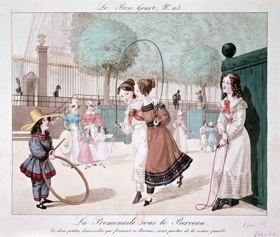 Kävely kehdon alla: Kaksi pientä naista, jotka muodostavat tämän kehdon, ovat samasta jalasta (Jardin des Tuileries), n. 1840 tekijältä Unknown artist