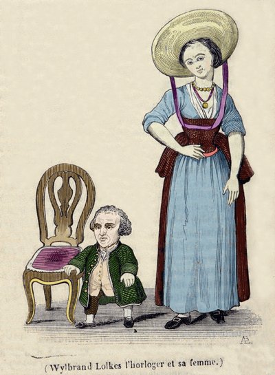 Kelloseppä Wylbrand Lolkes vaimonsa kanssa. 1800-luvun kaiverrus. tekijältä Unknown artist