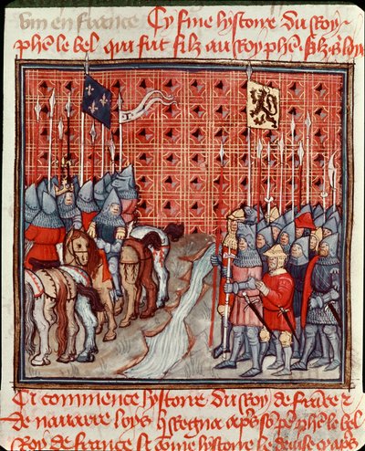 Filip IV Belin (1268-1314) aseet joen rannalla kohtaavat vihollisen pienoisarmeijan "" Les grandes Chronicles de France" -sarjasta 1300-luvun Chantilly, Musee Conde tekijältä Unknown artist
