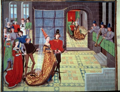 Renaudin ja Clarissen häät taustalla hääyönä. Miniatyyri Loyset Liedetin käsikirjoituksesta "Renaud de Montauban" tai "Les quatre fils Aymon" (toimii vuosina 1448-1478). Ms. 5073. 1400-luvun Bibliotheque de l