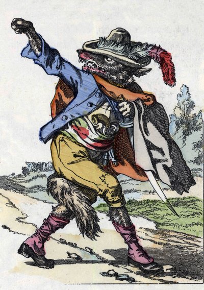 Susi. Kuva tarinasta "Compere le Loup, Maitre Renard, Comere la Chevre et ses petits biquets" Jean de la Fontainen tarun mukaan. "" Tarinoita kodista pienimmille"". Anonyymi kaiverrus 1800-luvulta. tekijältä Unknown artist