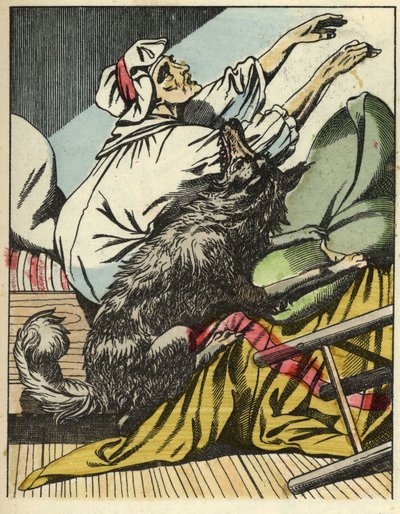 Susi voittaa Punahilkan isoäidin. Kuvitus Charles Perraultin tarinasta "Punahilkka". tekijältä Unknown artist