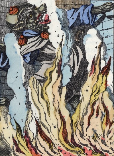 Susi putoaa savupiipun tuleen. Kuva tarinasta "Compere le Loup, Maitre Renard, Comere la Chevre et ses petits biquets" Jean de la Fontainen tarun mukaan. "" Tarinoita kodista pienimmille"". Anonyymi kaiverrus th tekijältä Unknown artist
