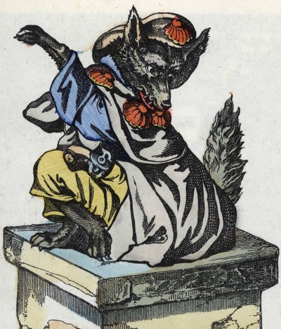 Susi istuu savupiipun päällä. Kuva tarinasta "Compere le Loup, Maitre Renard, Comere la Chevre et ses petits biquets" Jean de la Fontainen tarun mukaan. "" Tarinoita kodista pienimmille"". Anonyymi kaiverrus 1800-luvulta. tekijältä Unknown artist