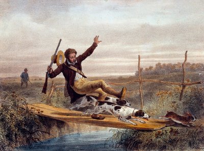 Väärä askel. Metsästäjä putoaa pieneltä sillalta jänistä juoksevien koirien työntämänä. Kaiverrus 1800-luvulta. Gien, metsästysmuseo tekijältä Unknown artist