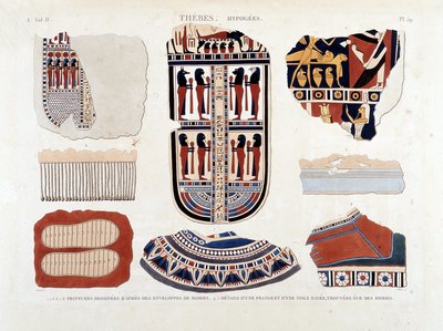 Thebes, Hypogees: 1.2.3.6.7.8. maalauksia muumio-kuorista 4.5. Yksityiskohdat hapsusta ja raidallisesta kankaasta, löydetty muumioista - julkaisussa "" Kuvaus Egyptistä"" 1809, Antiquite vol 2 pl 112 tekijältä Unknown artist