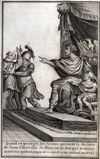 Theodosius I (Flavius Theodosius) (347-395), Rooman keisari, pidätti Amphiloquen, Iconen evequen, koska hän oli epäkunnioittanut poikaansa Arkadiosta (377-408). Eveque julistaa: "Kun suojelemme arialaisia, jotka kieltävät Jeesuksen Kristuksen, Jumalan Poja tekijältä Unknown artist