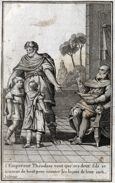 Theodosius I (Flavius Theodosius) (347-395), Rooman keisari, haluaa kahden poikansa, Arcadiuksen (377-408) ja Honoriuksen (384-423), nousevan kuuntelemaan opettajansa opetuksia. 4. vuosisadalla. Kaiverrus "Beaute de l