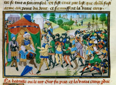 Kolmas ristiretki: Todellisen ristin menetys Hattinin taistelussa 4. heinäkuuta 1187, miniatyyri David Aubertin "" Chronicle abregee -kirjasta", noin 1450 tekijältä Unknown artist
